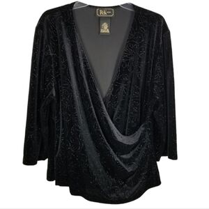 R&K Evening Black Velvet Top Crossover VNeck Rouched Mobwife 3/4 Sleeve Size 24W